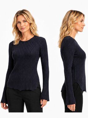 Theory Navy Ribbed Linen Blend Long Sleeve Knit Top Size M